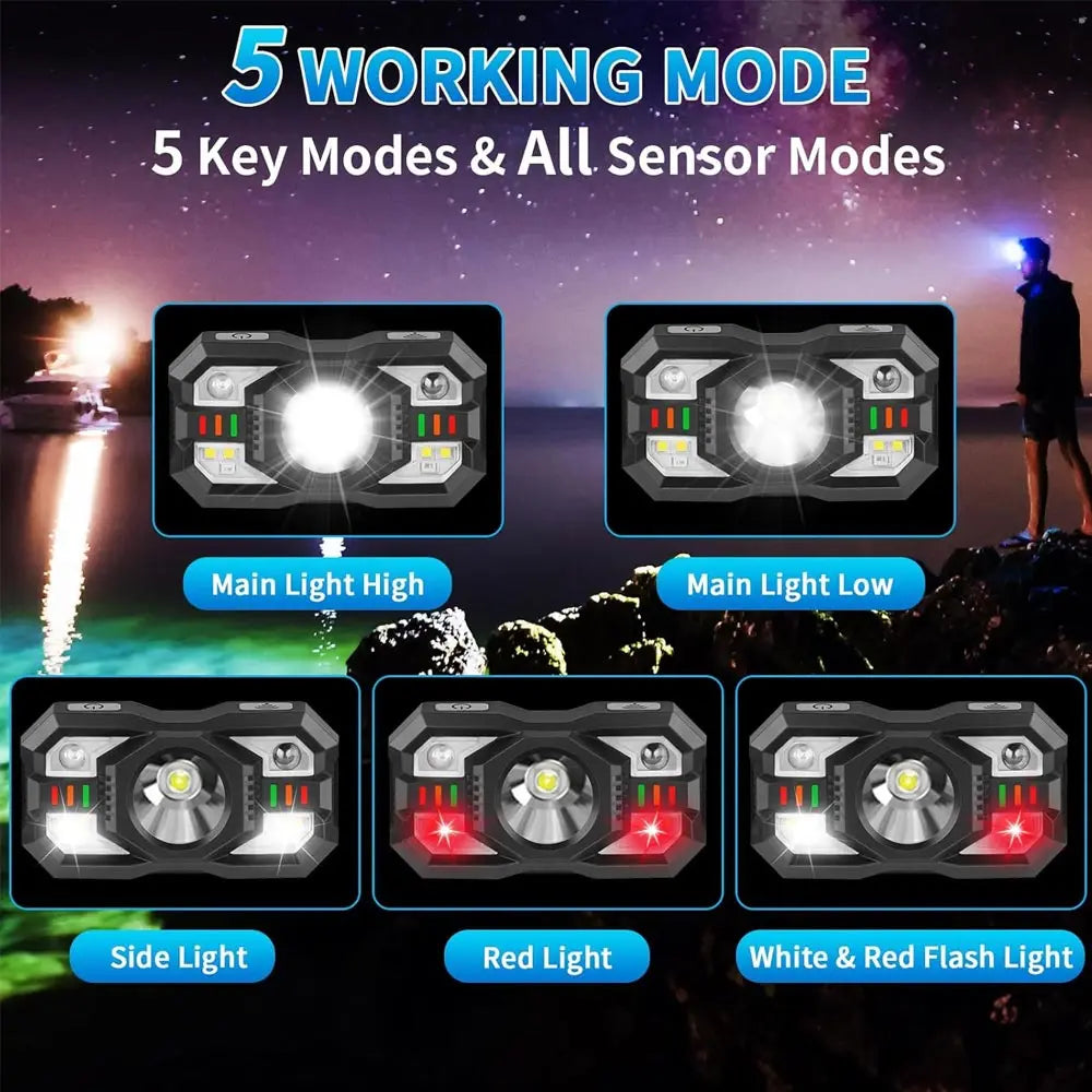 Rechargeable Headlamp Motion Sensor LED Headlight Red Light Super Bright Fishing Light Head Flashlight Camping Outdoor Head Lamp