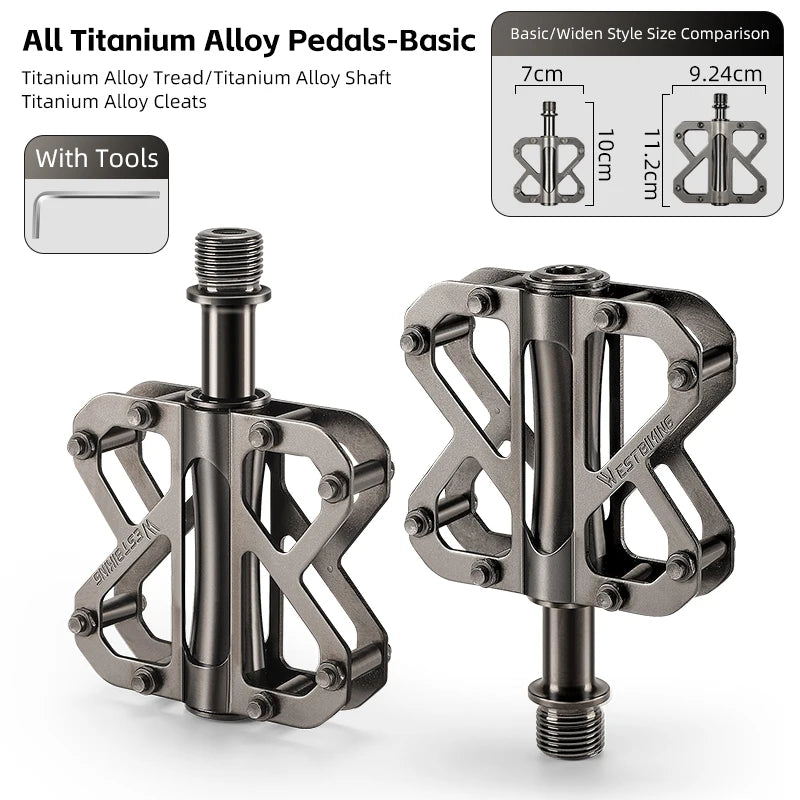 WEST BIKING All Titanium Alloy Bicycle Pedals 3 Bearings Racing Pedal Lightweight Cycling Flat Pedal MTB Road Bike Accessories