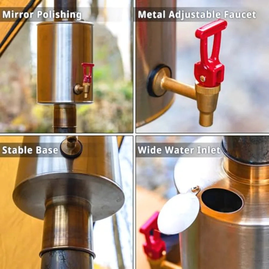 Camping Tent Stove Water Tank Chimney Water Tank 304 Stainless Steel Water Tank for Wood Stove Pipe Diameter 6cm/ 2.36in 3L Cap