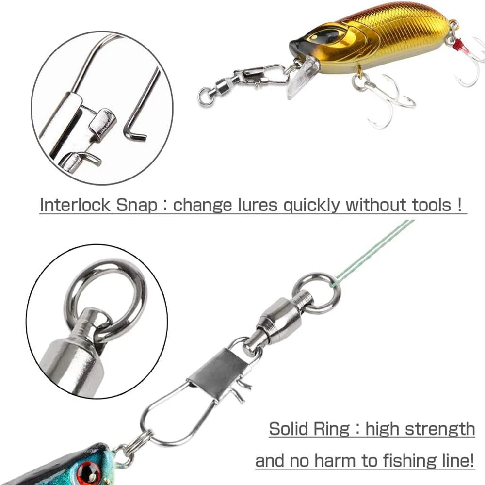 100Pcs Ball Bearing Snap Swivels Swivels Fishing Tackle with Safety Interlock Snap Saltwater Freshwater Stainless Fishing Tackle