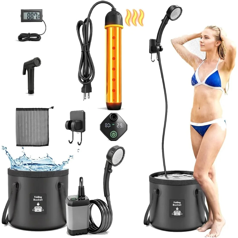Portable Heated Camping Shower 6000mAh Rechargeable Pump 3 Spray Modes 5 Gal Foldable Bucket Travel RV Pet Car