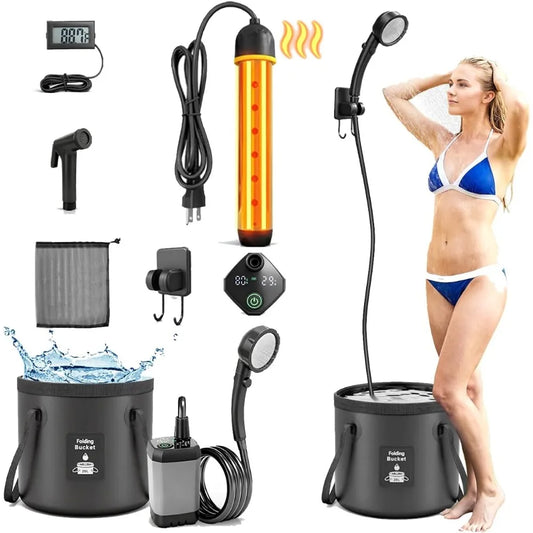 Portable Heated Camping Shower 6000mAh Rechargeable Pump 3 Spray Modes 5 Gal Foldable Bucket Travel RV Pet Car