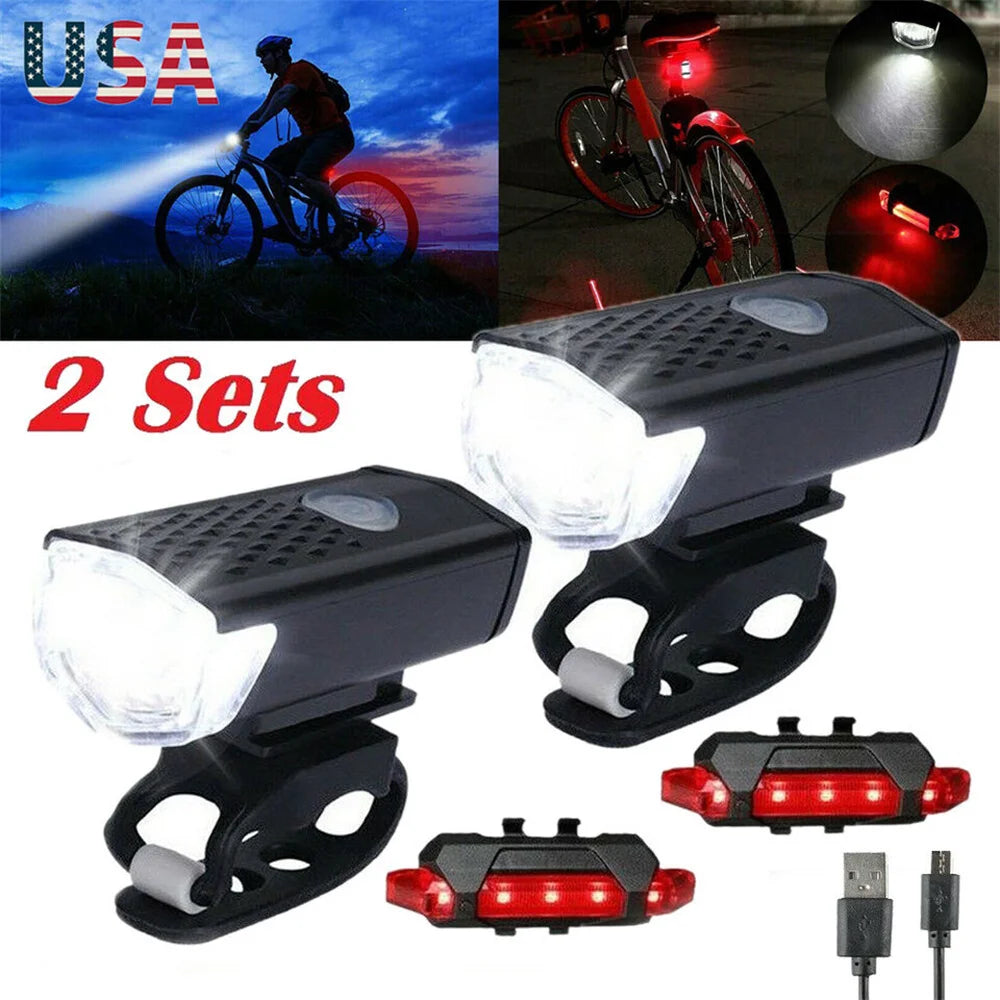 2PCS USB Rechargeable Bike Light Set Front Light with Taillight Easy to Install 3 Modes Bicycle Accessories for the Bicycle