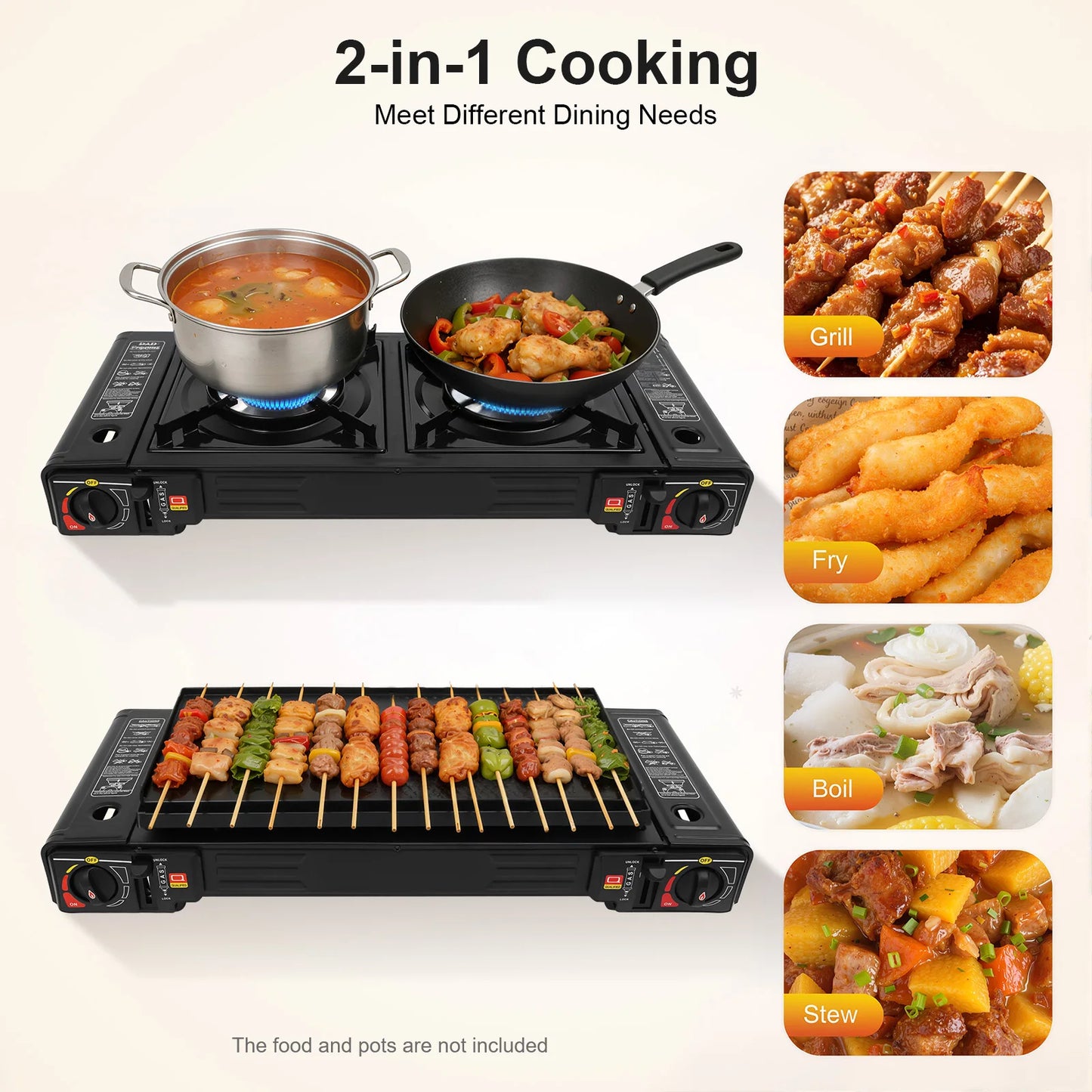 Gas Camping Stove and Grill Pan Set| 2500W 2-Burner Butane or LPG Outdoor Stove w/ Overpressure Protection