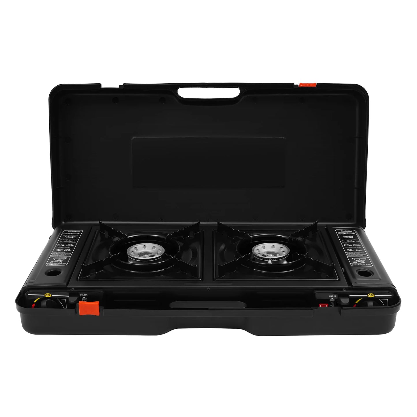 Gas Camping Stove and Grill Pan Set| 2500W 2-Burner Butane or LPG Outdoor Stove w/ Overpressure Protection