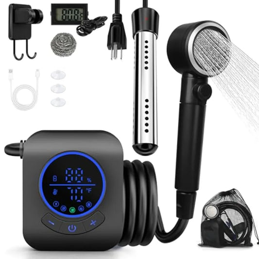Portable Shower with Water Heater Camping Shower Pump with 8000mAh Battery 5-Speed Settings LCD Display 6L/min IPX8 Portable Sh