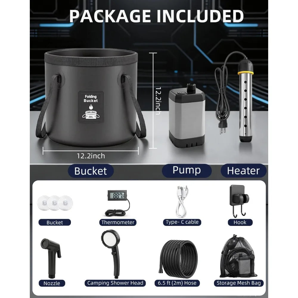 Portable Heated Camping Shower 6000mAh Rechargeable Pump 3 Spray Modes 5 Gal Foldable Bucket Travel RV Pet Car