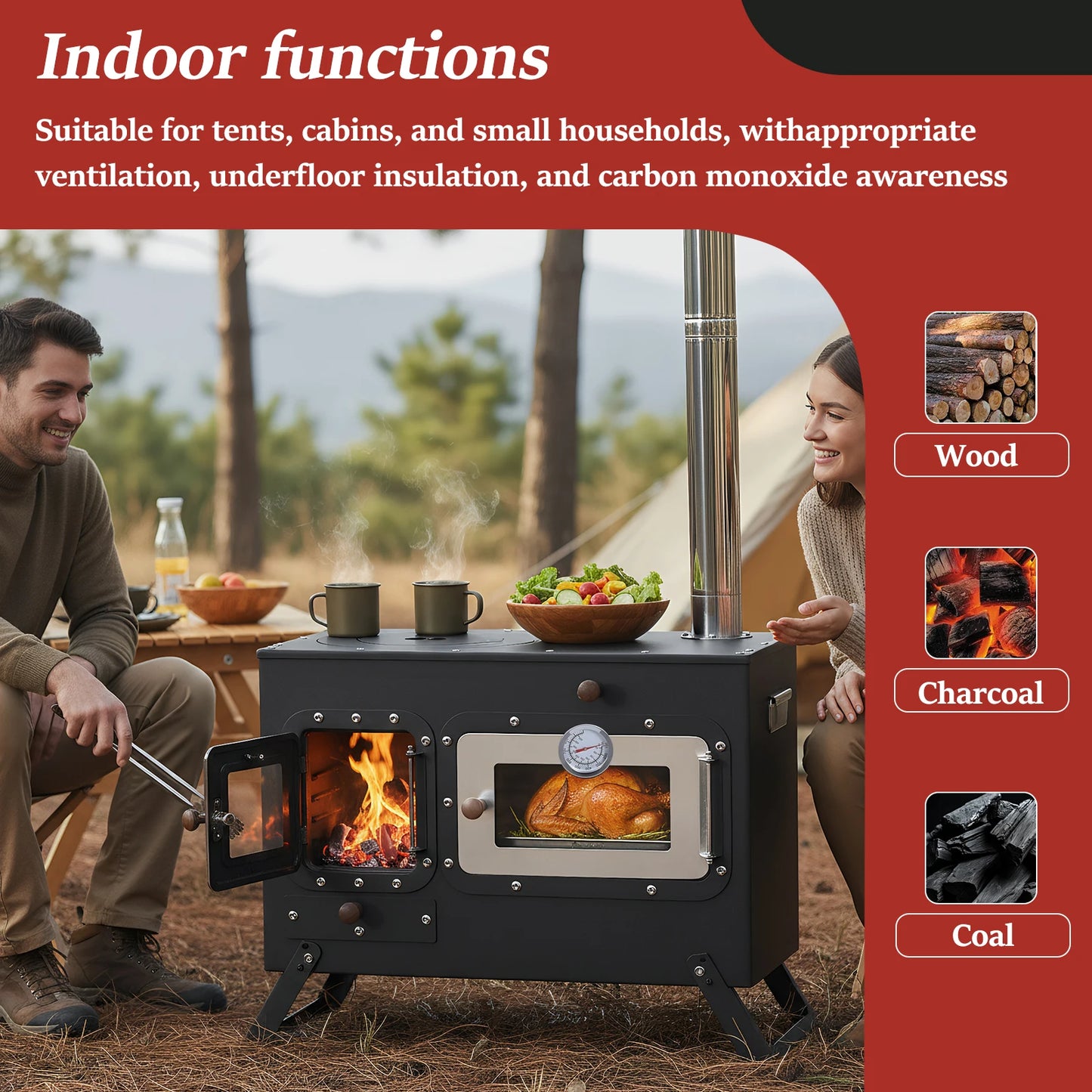 Hot Tent Stove with Chimney Pipe Stainless Wood Burning Stove with Oven for Outdoor Heating & Cooking Ice Fishing Hunting