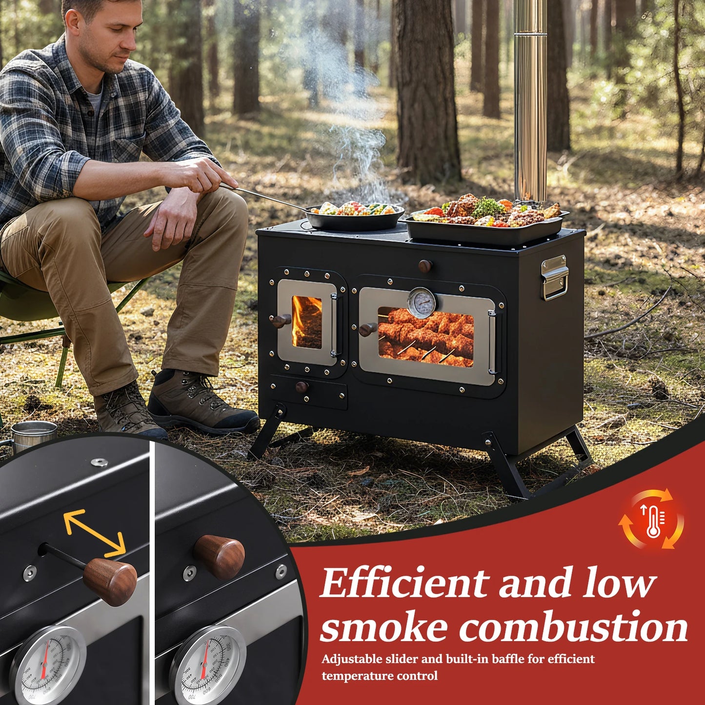 Hot Tent Stove with Chimney Pipe Stainless Wood Burning Stove with Oven for Outdoor Heating & Cooking Ice Fishing Hunting