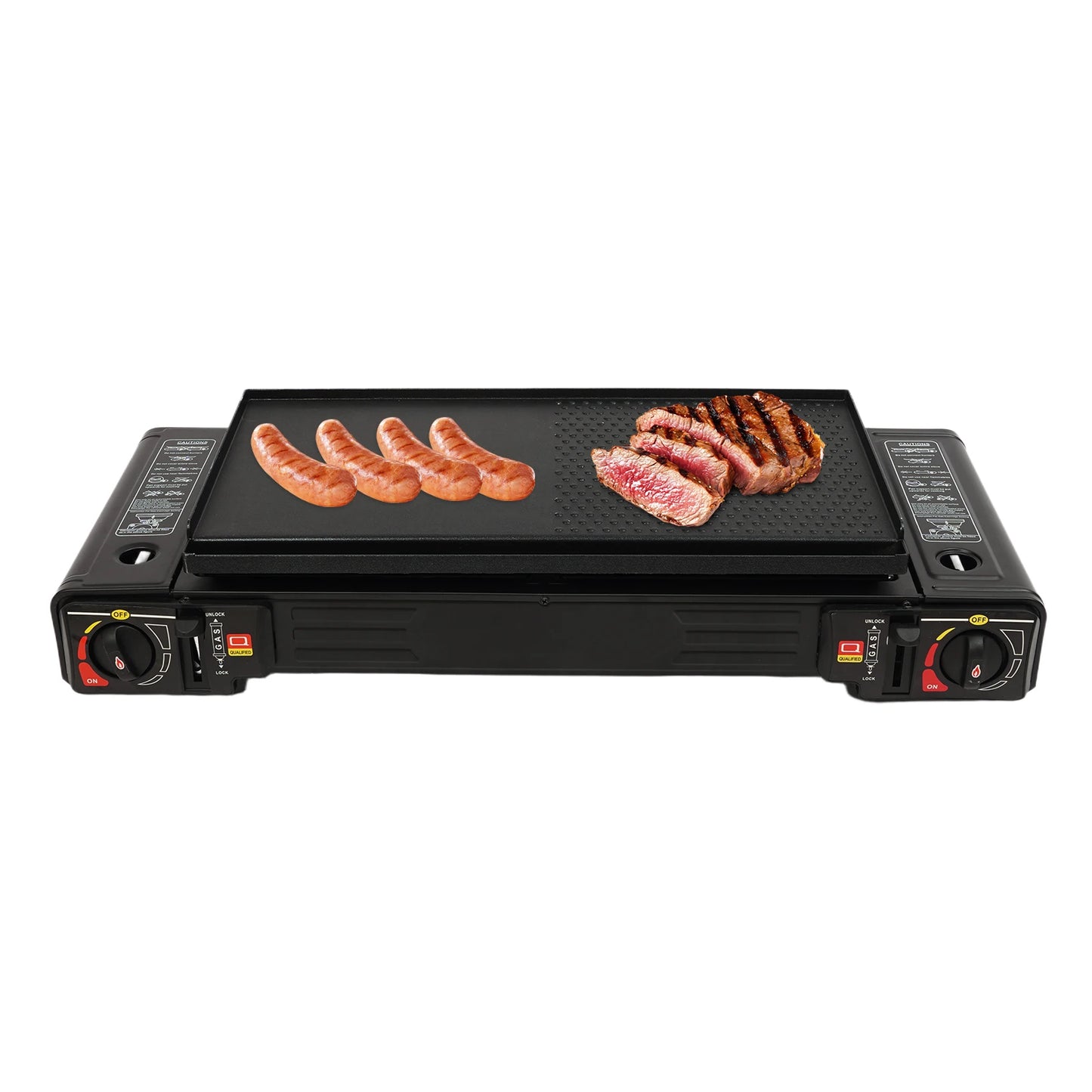 Gas Camping Stove and Grill Pan Set| 2500W 2-Burner Butane or LPG Outdoor Stove w/ Overpressure Protection
