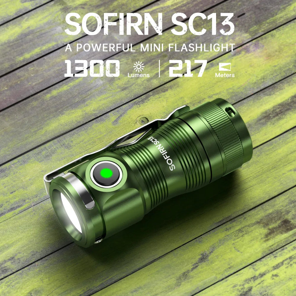 SOFIRN SC13 Black Green 519A/SST40 LED 1300lm Mini Tactical 18350 Flashlight 6000K Keychain Emergency Torch