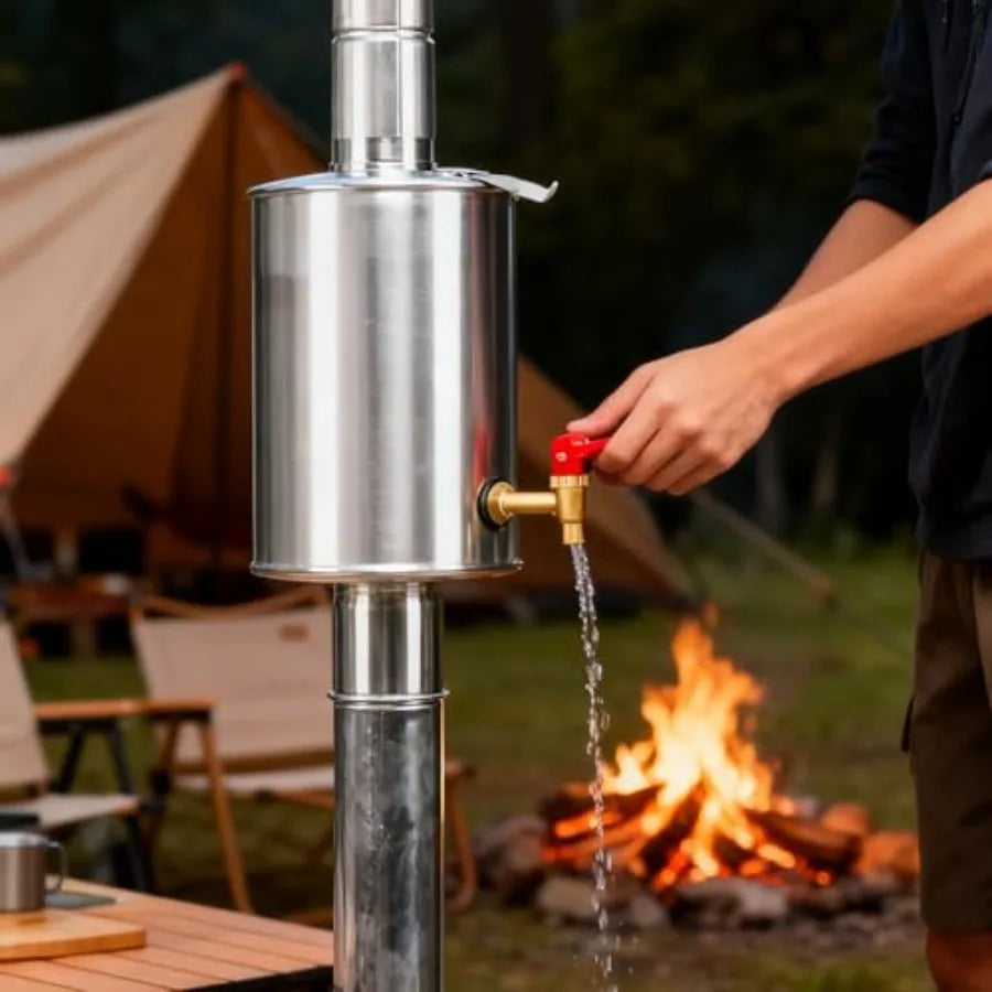 Camping Tent Stove Water Tank Chimney Water Tank 304 Stainless Steel Water Tank for Wood Stove Pipe Diameter 6cm/ 2.36in 3L Cap