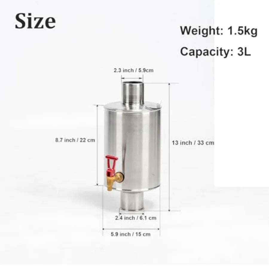 Camping Tent Stove Water Tank Chimney Water Tank 304 Stainless Steel Water Tank for Wood Stove Pipe Diameter 6cm/ 2.36in 3L Cap