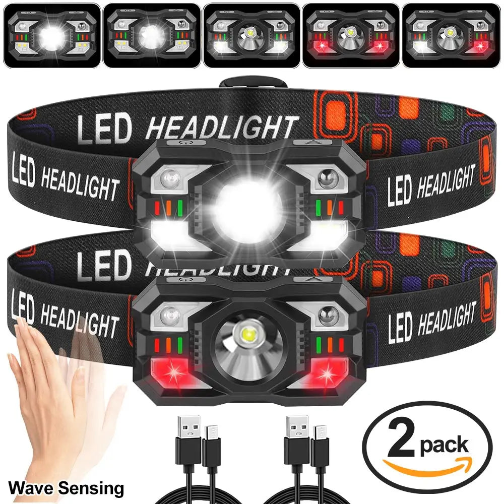 Rechargeable Headlamp Motion Sensor LED Headlight Red Light Super Bright Fishing Light Head Flashlight Camping Outdoor Head Lamp