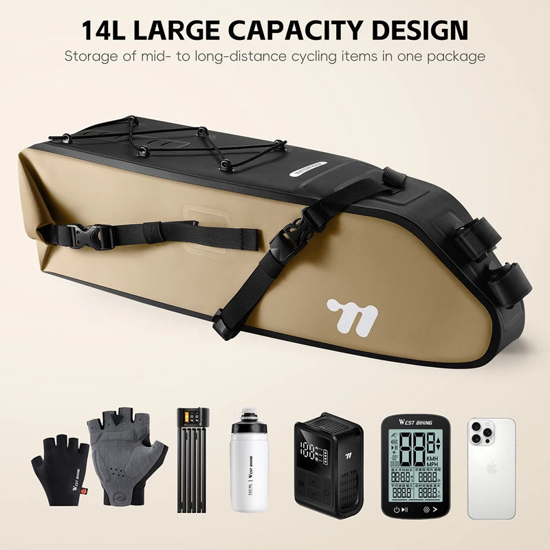 WEST BIKING Bicycle Saddle Bag 10-14L Large Capacity Full Waterproof Cycling Tail Bag Daily Travel Storage Bag MTB Bike Access