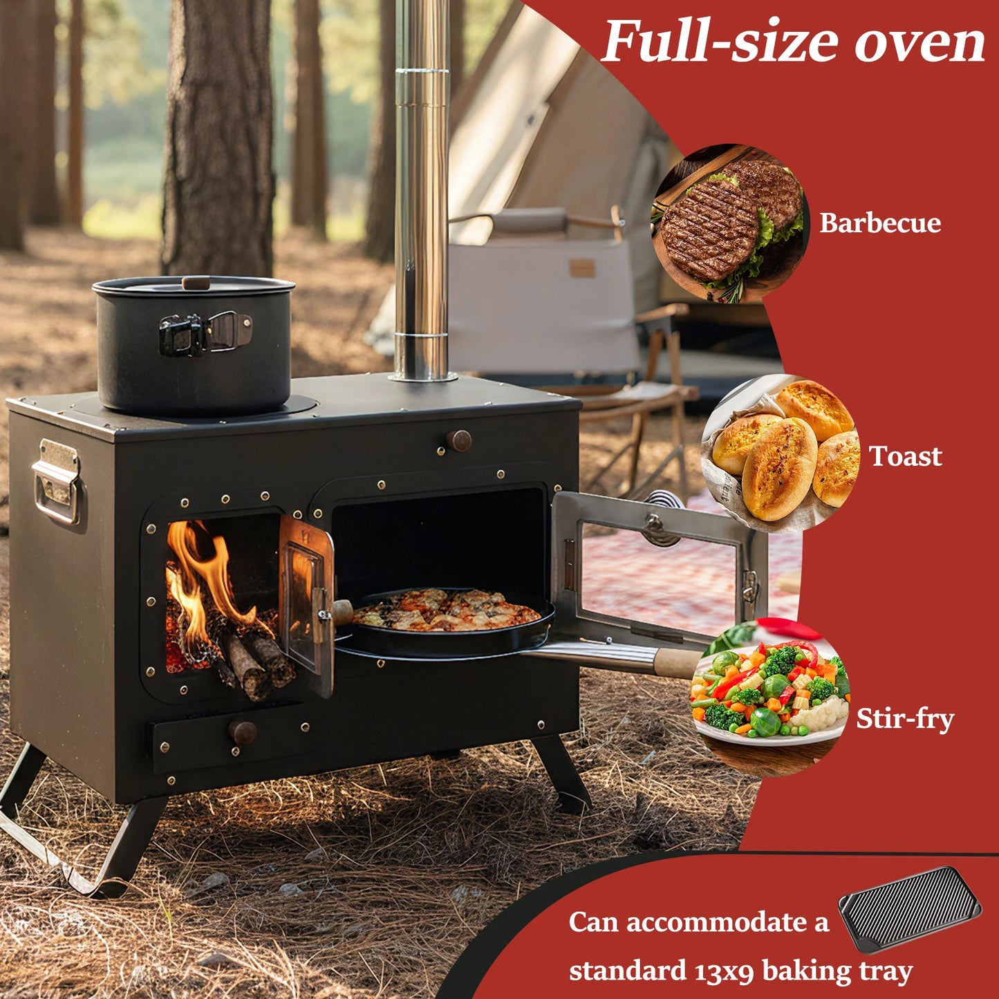 Hot Tent Stove with Chimney Pipe Stainless Wood Burning Stove with Oven for Outdoor Heating & Cooking Ice Fishing Hunting